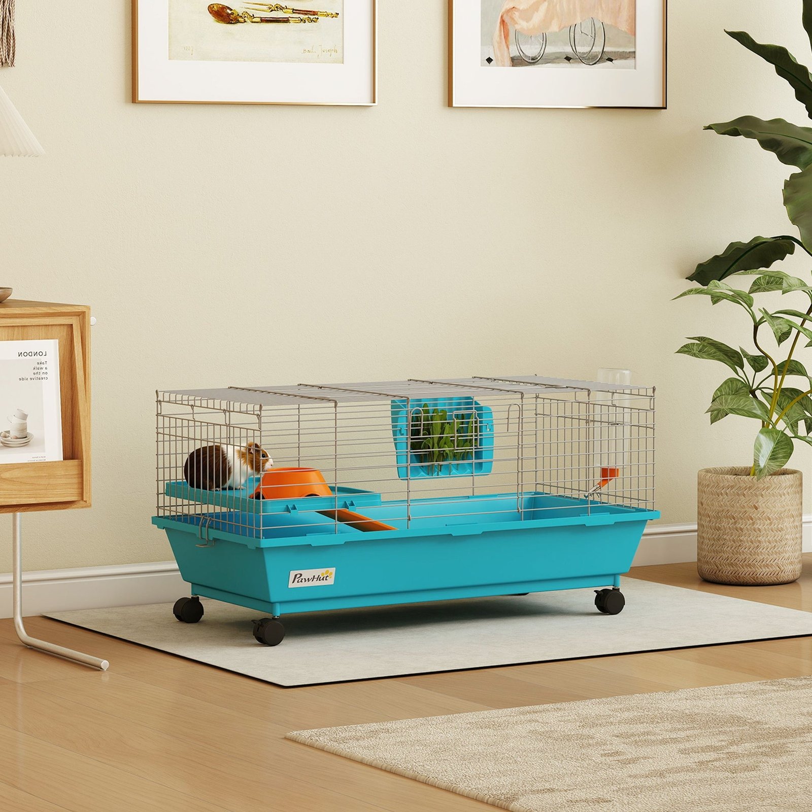 PawHut Small Animal Cage Rabbit Guinea Pigs Chinchillas Cage with Wheels Water Bottle